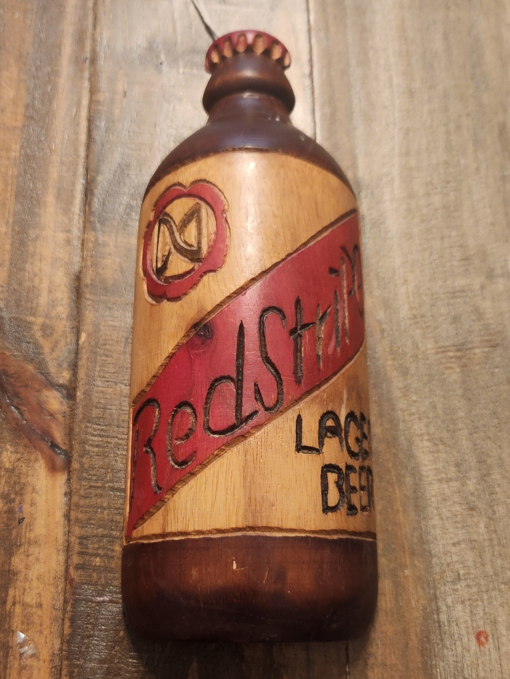 Vintage Hand Carved Red Stripe Decorative Wooden Bottle Wall Hanging